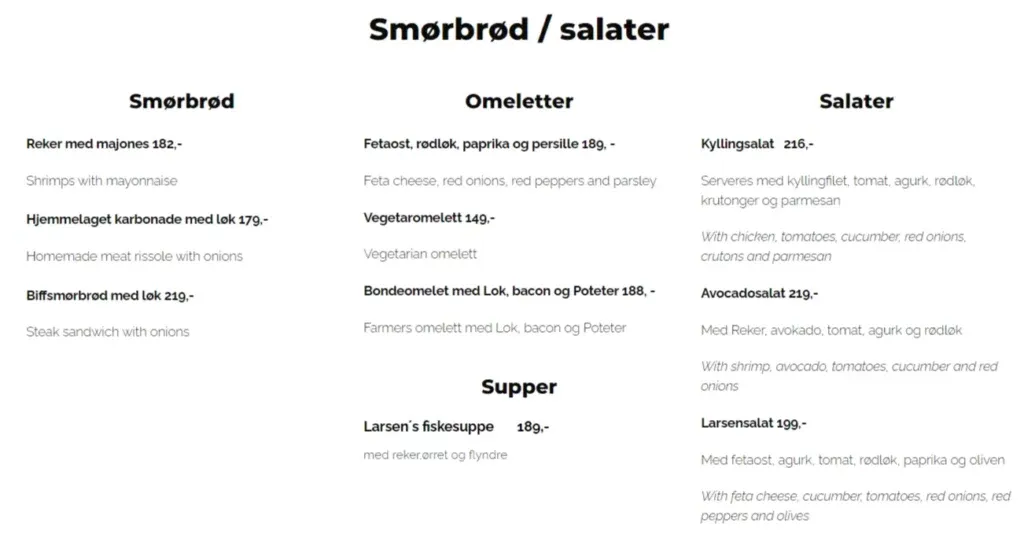 Larsen Restaurant Smørbrød & Salater Meny